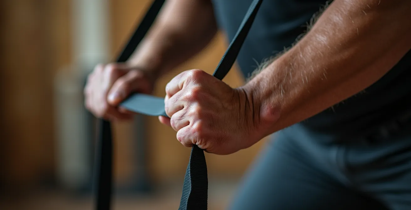 Close-up of determined hands gripping a resistance band during a home exercise for stroke recovery