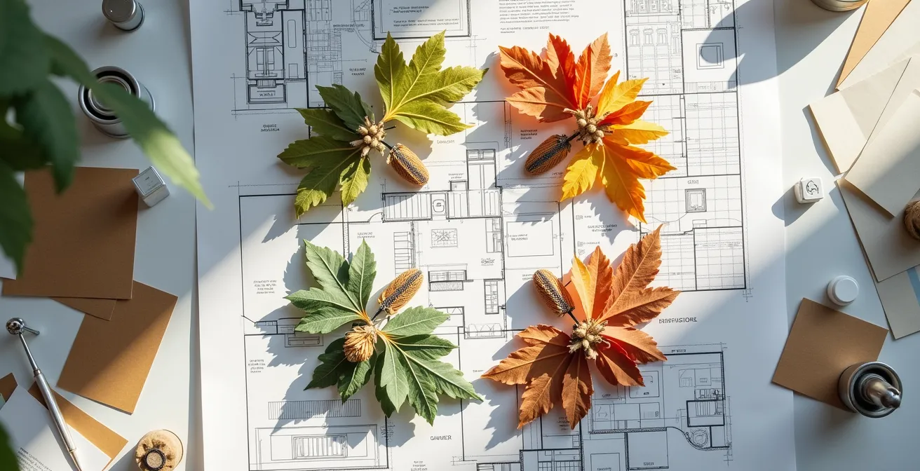 Visual representation of phased home renovation over seasons