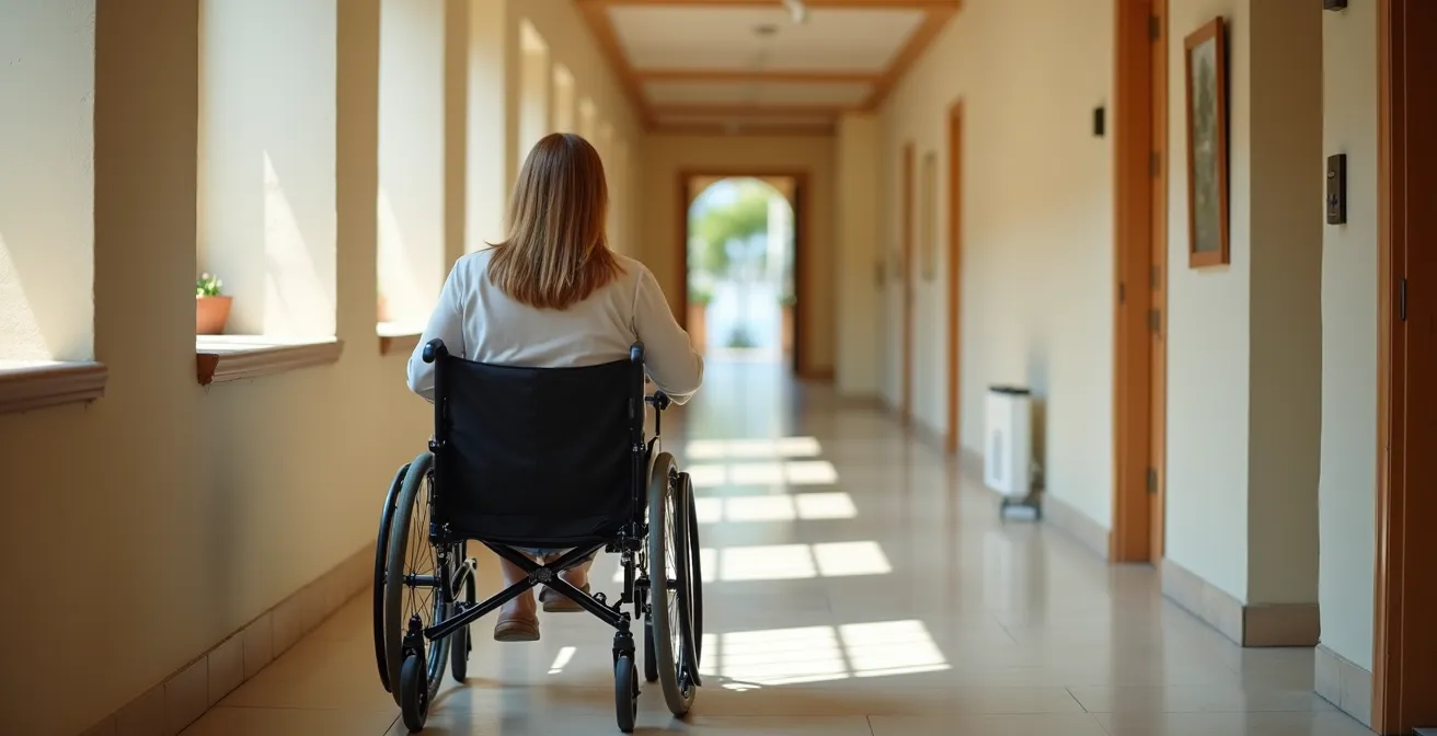 Person in wheelchair navigating through a well-lit, widened hallway with confident expression