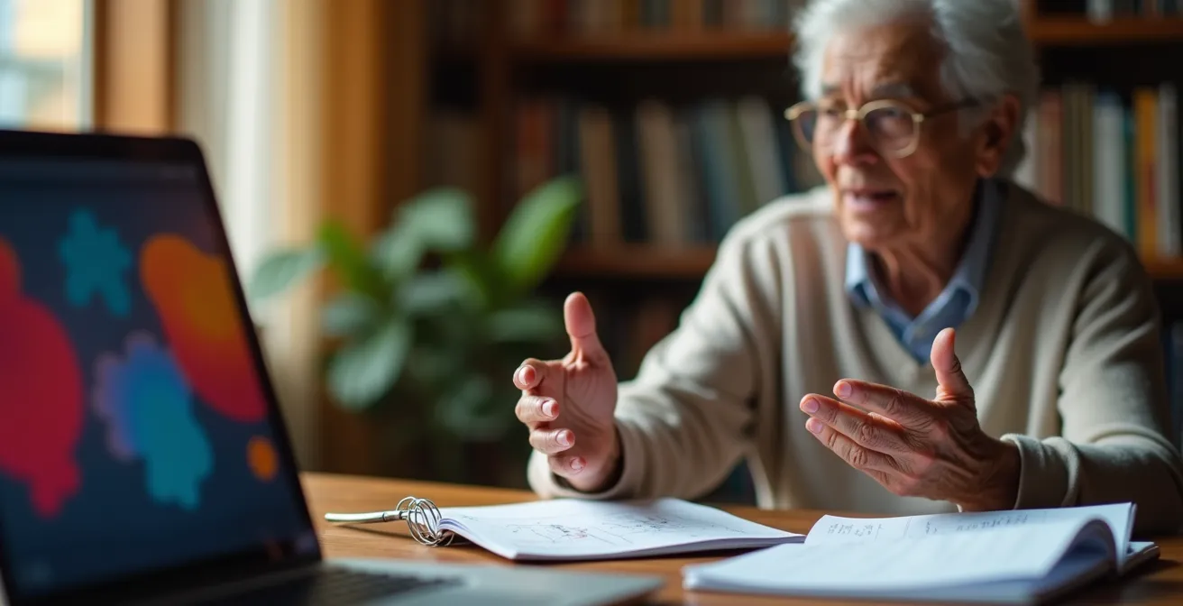 Senior mentoring young person through video call setup