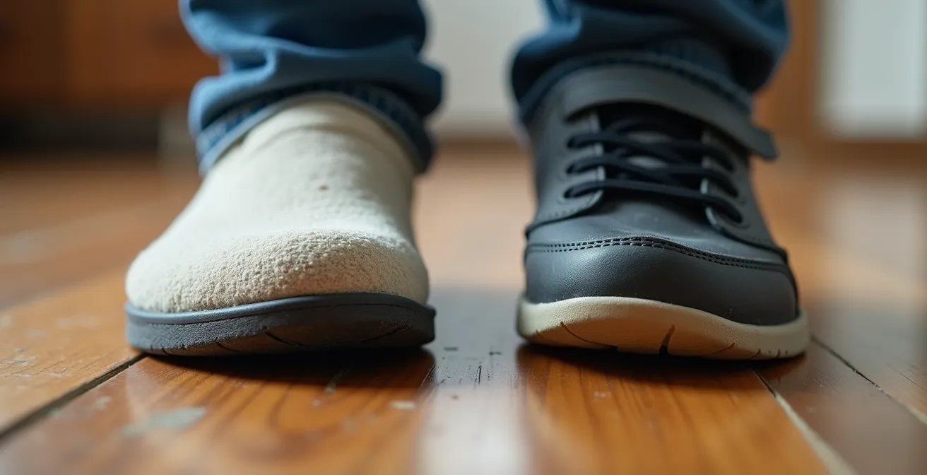 Close-up comparison of worn slipper next to supportive indoor shoe showing structural differences