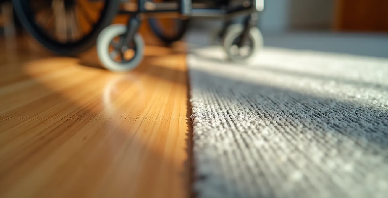 Close-up comparison of different flooring textures showing smooth hardwood grain versus carpet pile