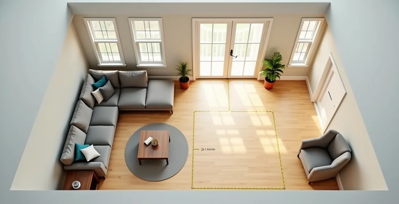 Bird's eye view of living room showing clear walking paths marked with furniture arrangement