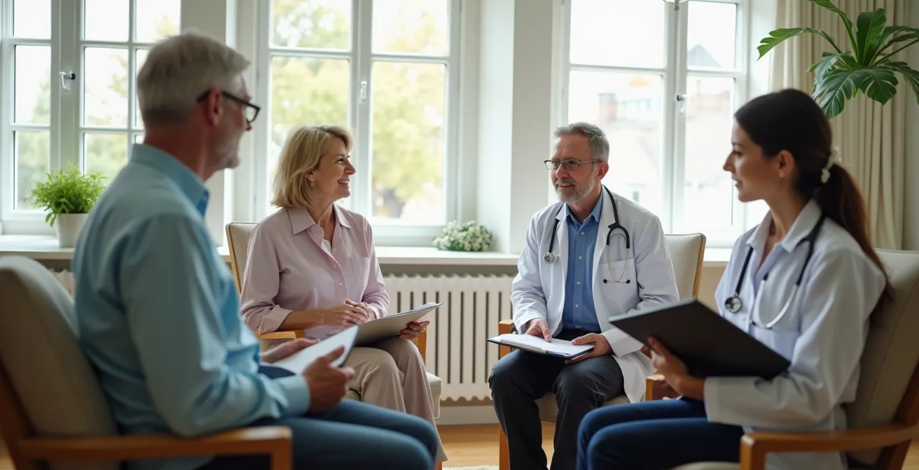 Four healthcare professionals collaborating around an elderly patient in a home setting