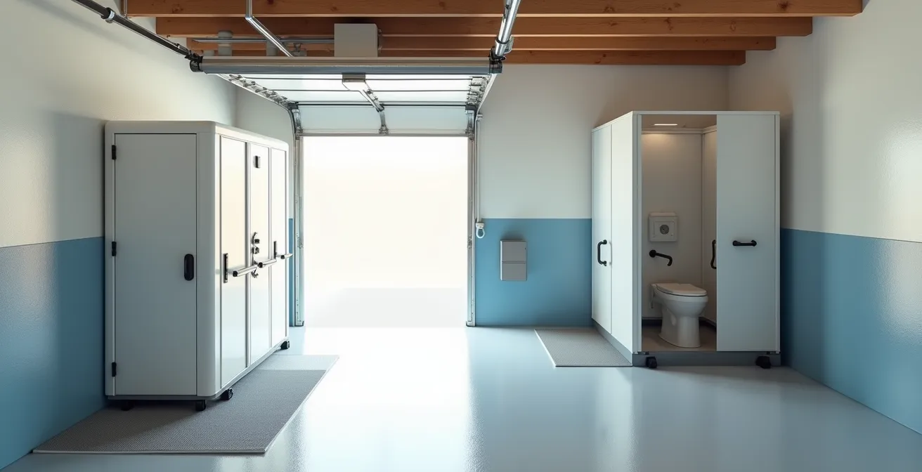 Temporary accessible bathroom facilities set up in garage during home renovation