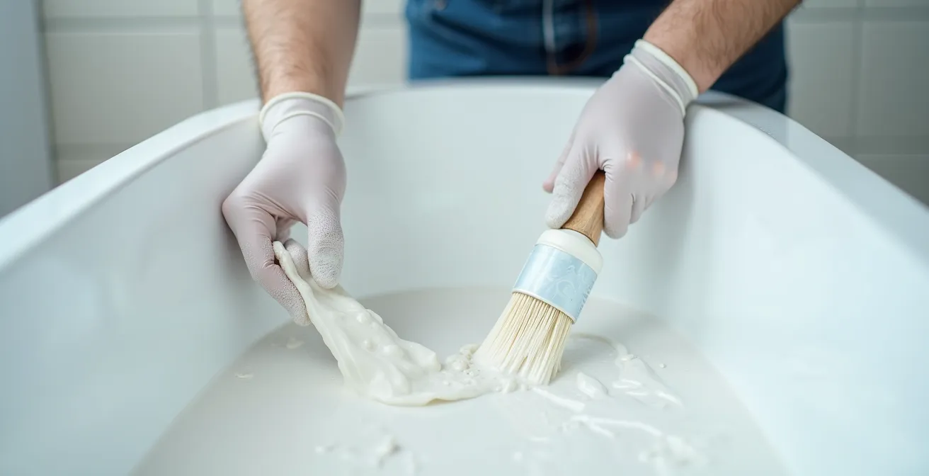 Close-up view of hands applying clear anti-slip coating to bathtub surface with professional tools