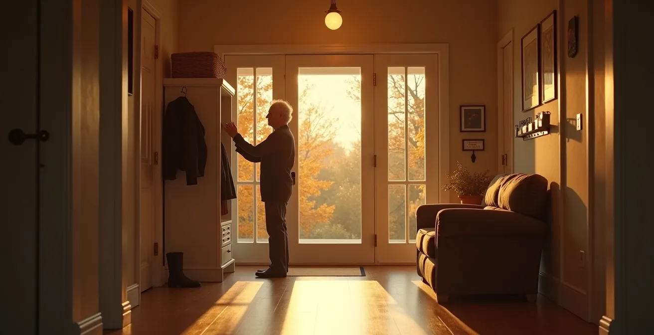 Wide shot of senior organizing entryway with winter items in late autumn light