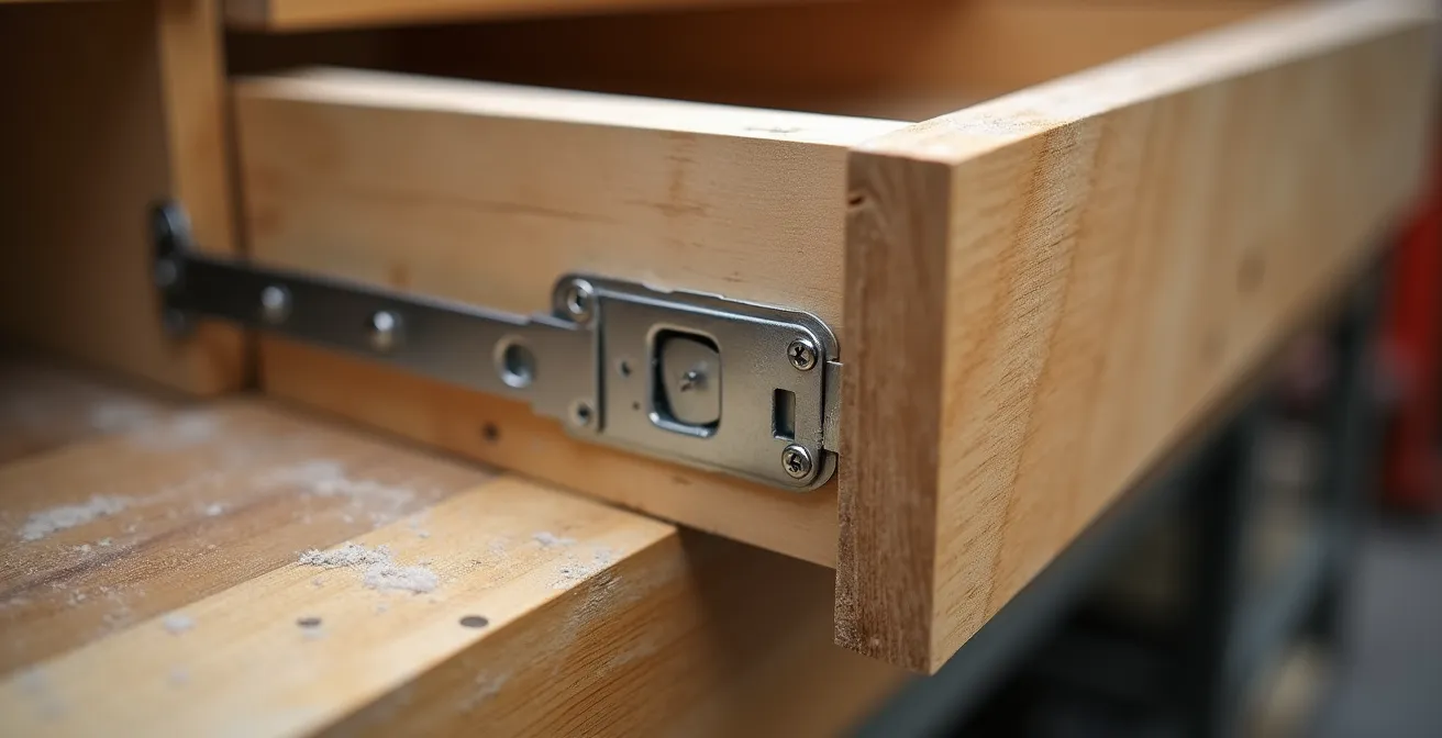 Close-up view of cabinet modification showing removed base section with exposed structural supports and finishing panels