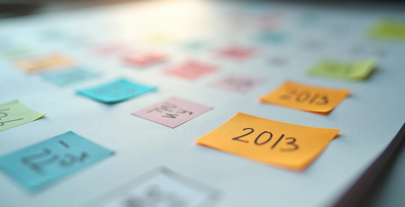 Close-up of calendar pages with key months highlighted using colored markers and sticky notes