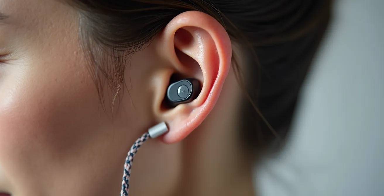 Macro shot of hearing aid retention cord attached to device behind ear