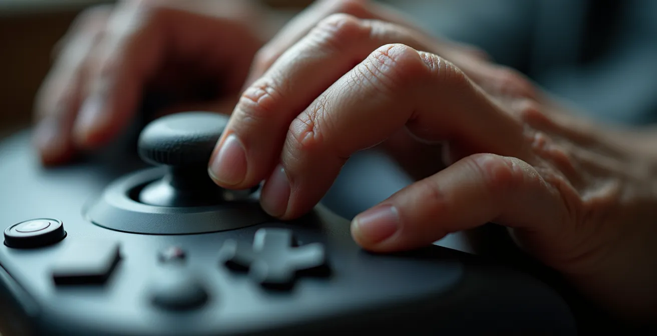 Macro shot of weathered hand gently operating wheelchair joystick controller
