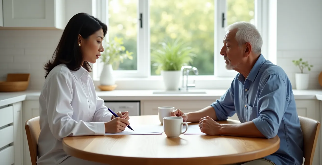 Professional caregiver and senior reviewing care plan documents together at kitchen table