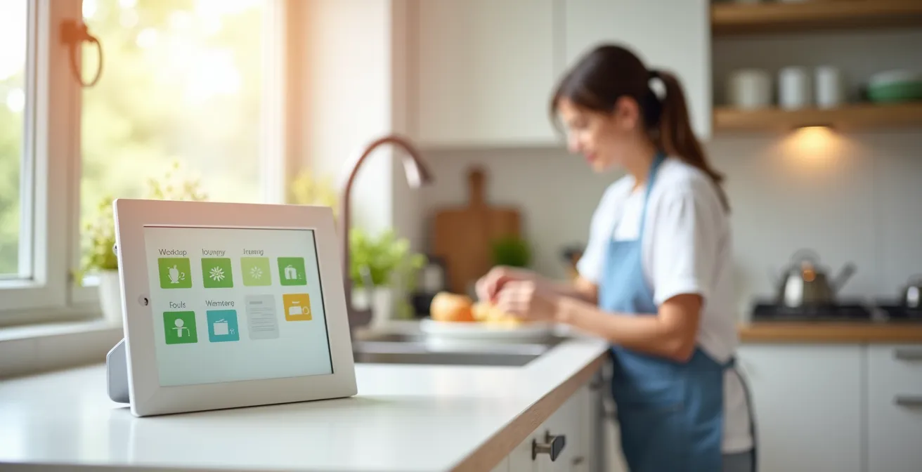Wide angle view of modern kitchen counter with digital photo frame displaying colorful schedule blocks and caregiver preparing meal in soft focus