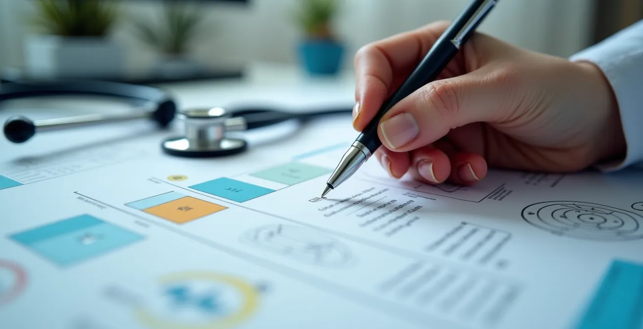 Healthcare provider's hands writing on medical form with professional desk setting