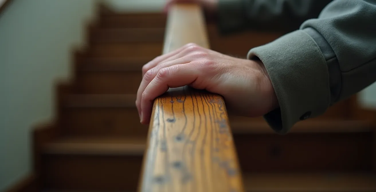 Senior man pausing on staircase holding handrail