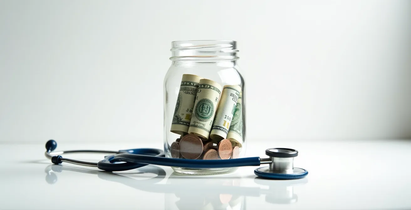 Glass jar with coins and bills next to a medical stethoscope on a table