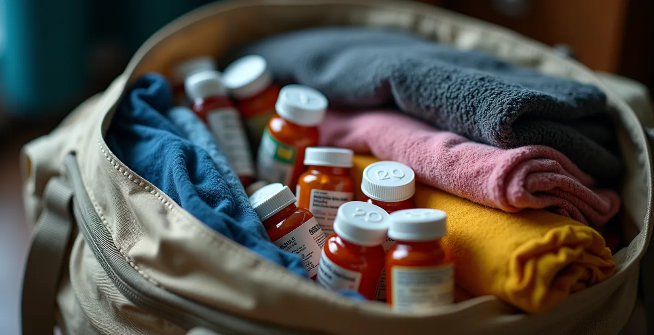 Organized emergency go-bag with medical supplies and documents ready by door