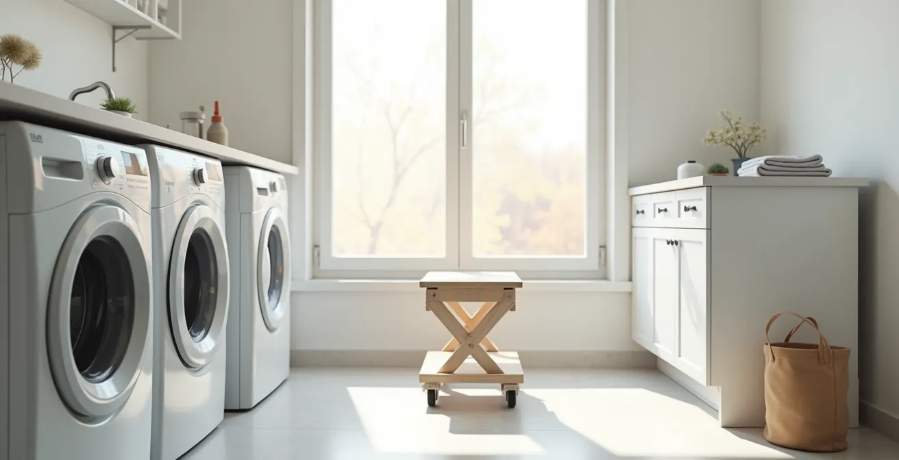Wide view of an adapted laundry room with height-adjustable cart and perching stool