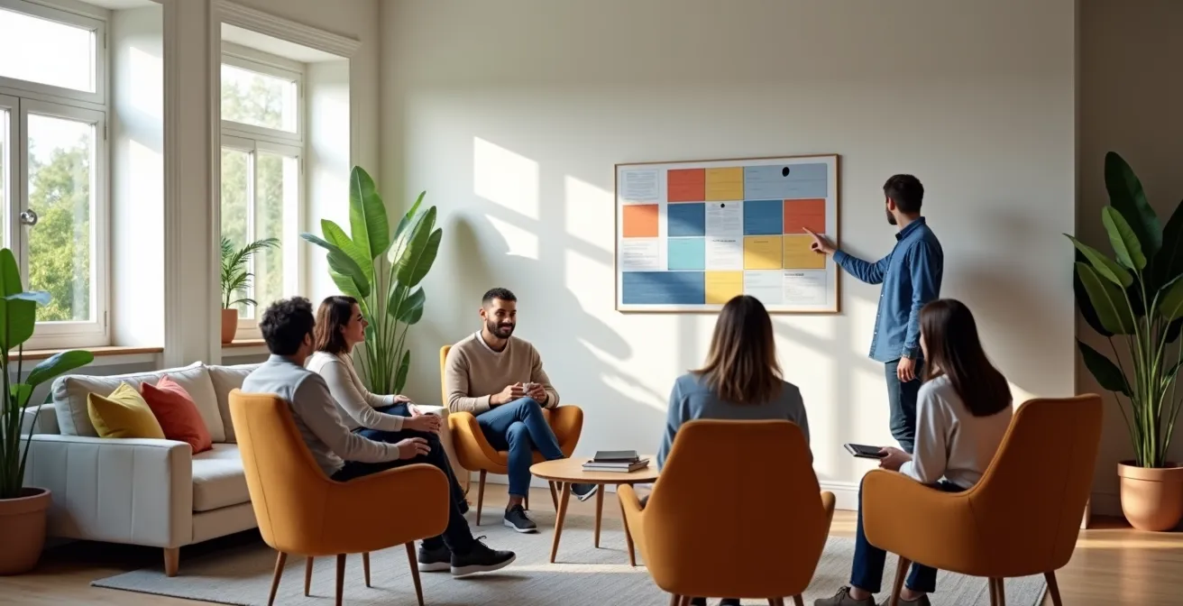 Family members and caregivers reviewing visual dashboard on wall during care planning meeting