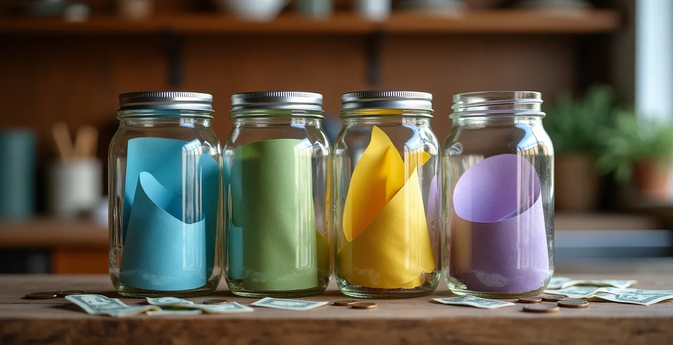 Four glass jars labeled with different healthcare expense categories on a wooden shelf
