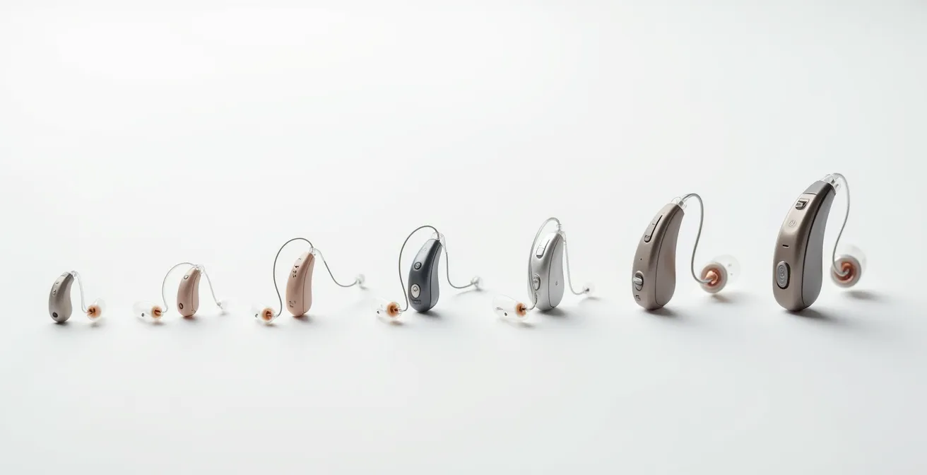 Modern hearing aids arranged chronologically showing technological advancement