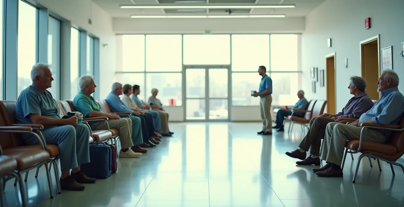 Wide view of elderly patients in hospital discharge waiting area