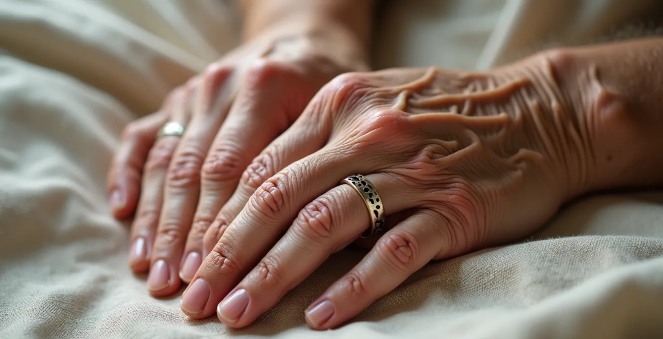 Close-up macro photograph of hands showing natural aging texture and detail