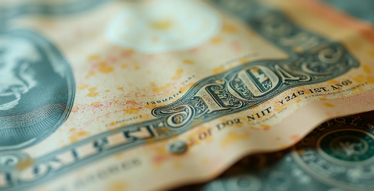 Macro photography showing texture and detail of aged versus new currency to represent value erosion