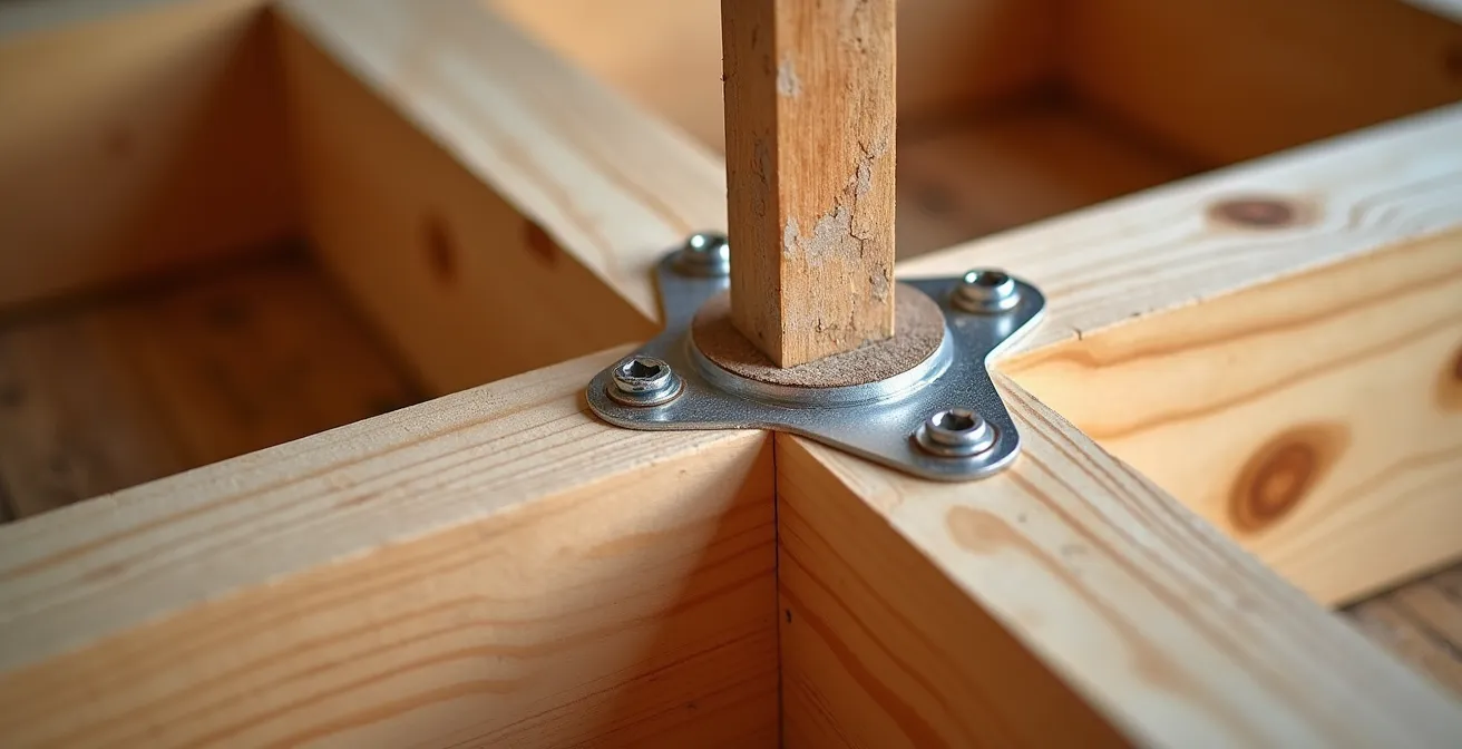 Cross-section view of floor joists with blocking for shower pan installation