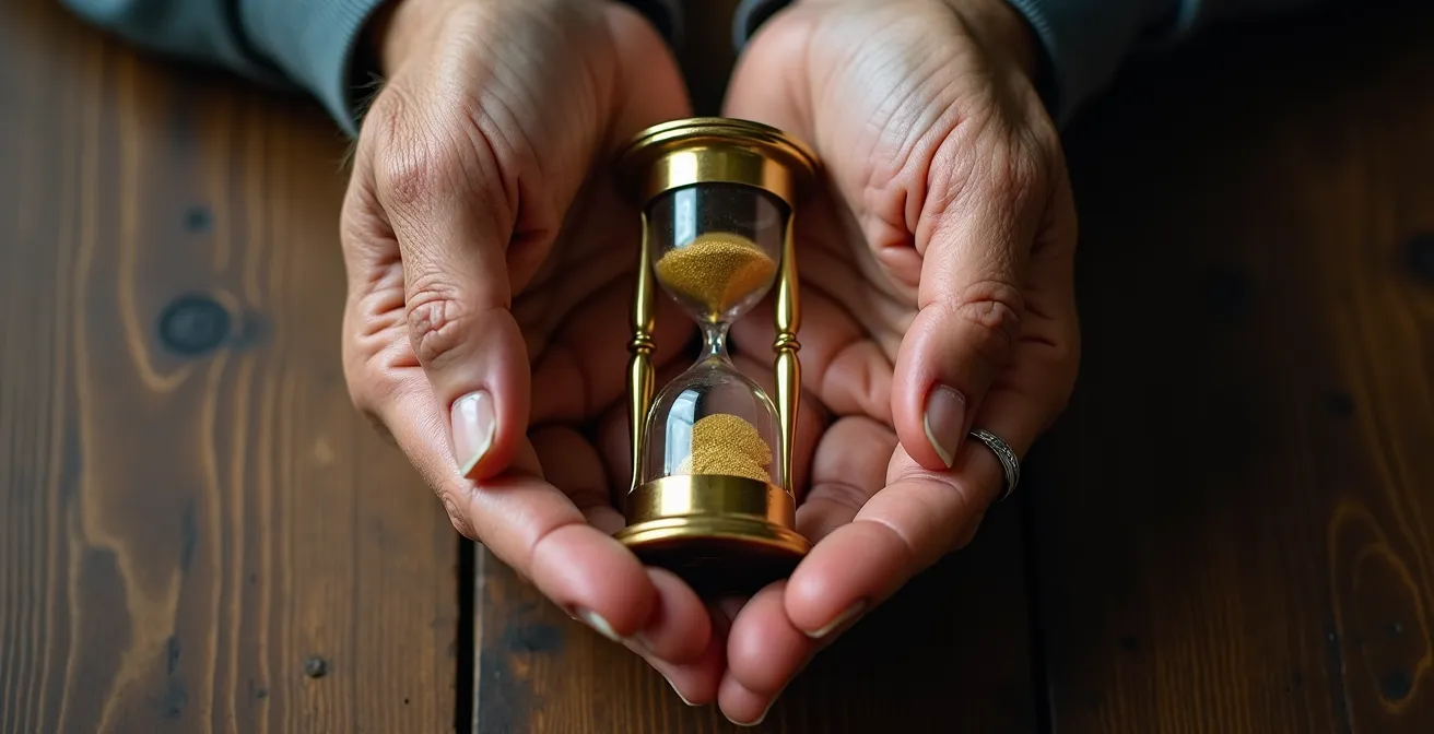 Elderly person's hands holding an hourglass with coins flowing through, symbolizing depleting savings