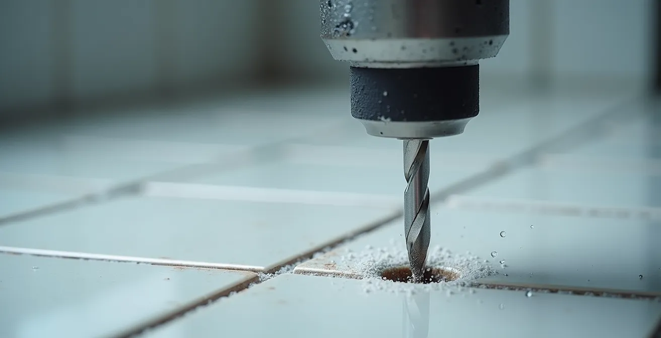 Close-up view of specialized drill bit creating precise hole in bathroom tile