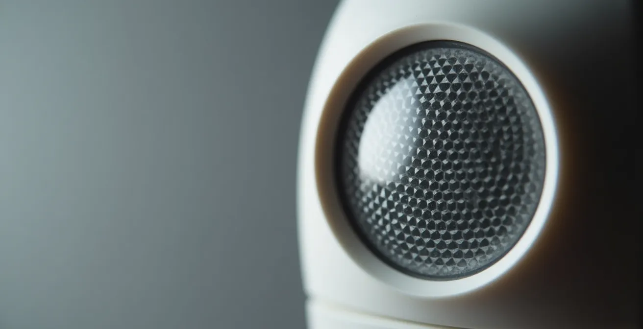 Extreme close-up of PIR sensor lens with strategic masking tape pattern