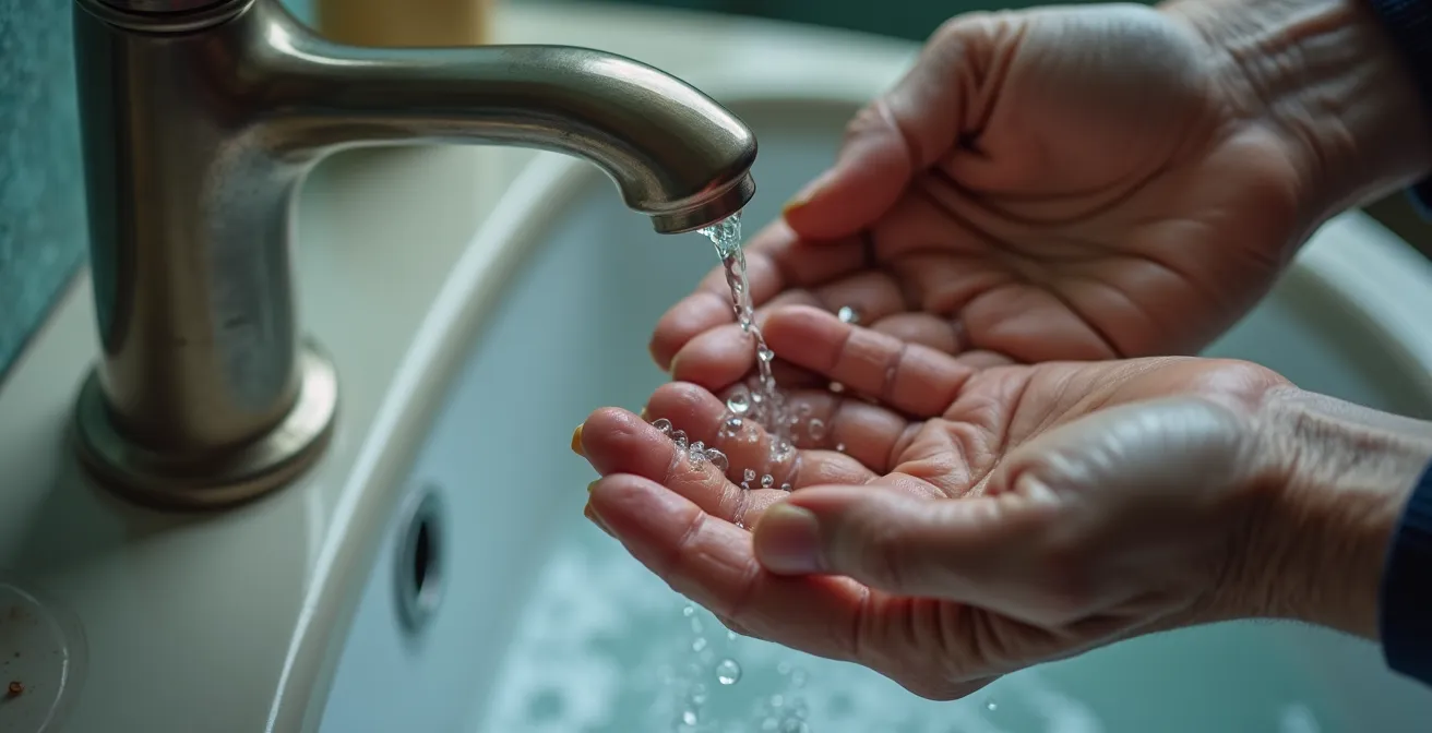 Close-up of water droplets on an elderly hand gently testing water temperature