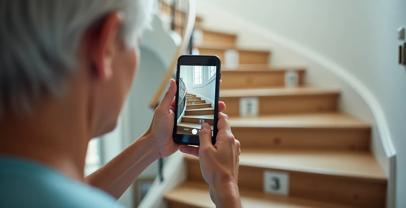 Homeowner photographing staircase with measurement targets for remote quote