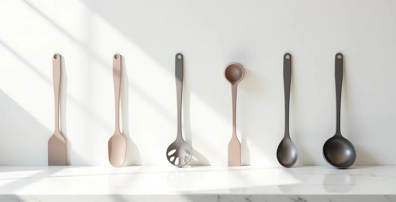 Clean arrangement of simple, one-piece silicone and metal kitchen tools on white surface