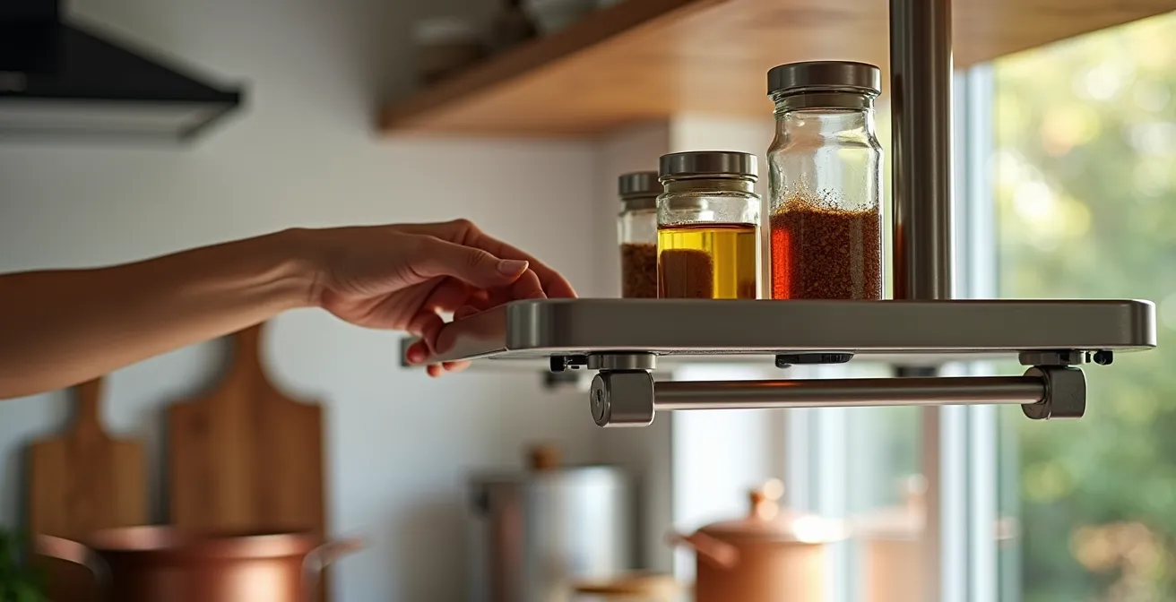 Pull-down shelf system above prep counter showing mechanical components and organized spice storage