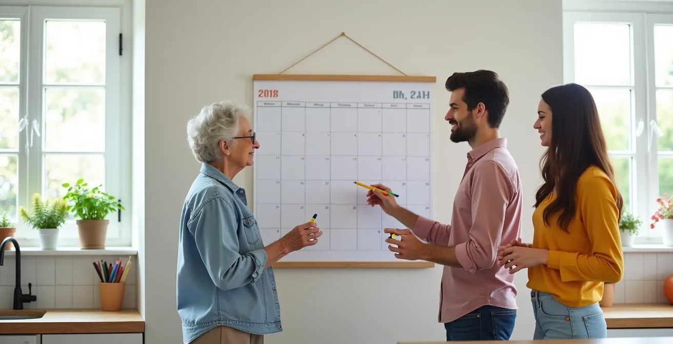 Three generations reviewing a shared calendar on kitchen wall