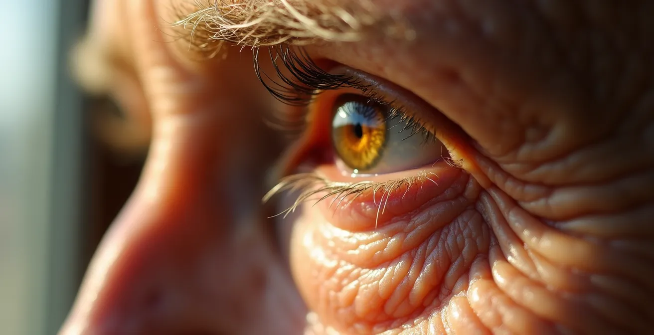 Close-up of senior's eyes showing genuine emotional engagement during video conversation
