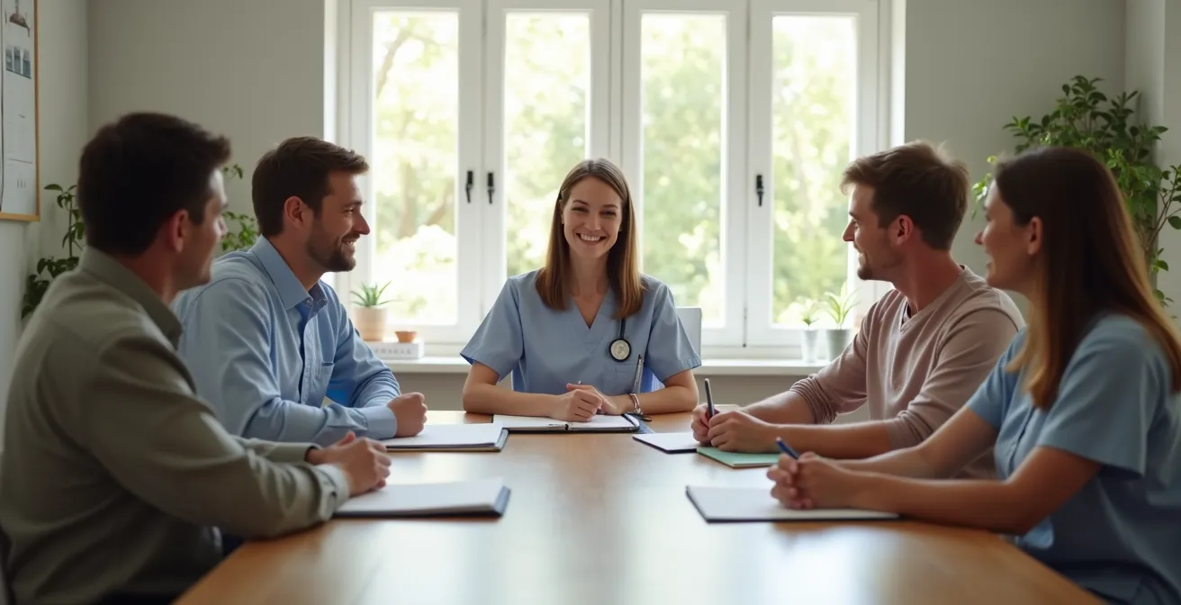 Professional nurse candidate discussing care approach with family members in a formal interview setting