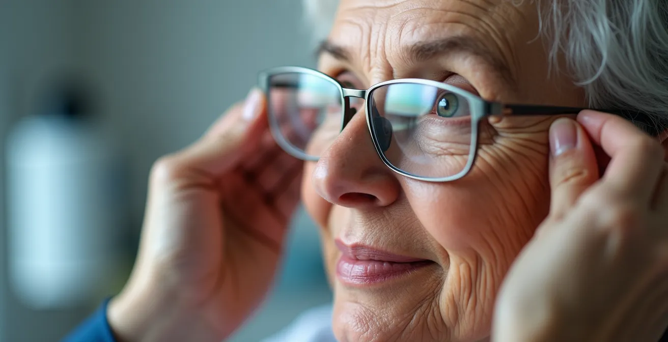 Eye care professional adjusting trial frame on elderly patient during vision examination