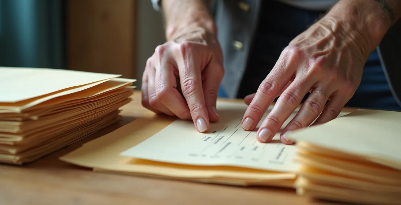 Senior hands organizing color-coded folders on desk with filing system