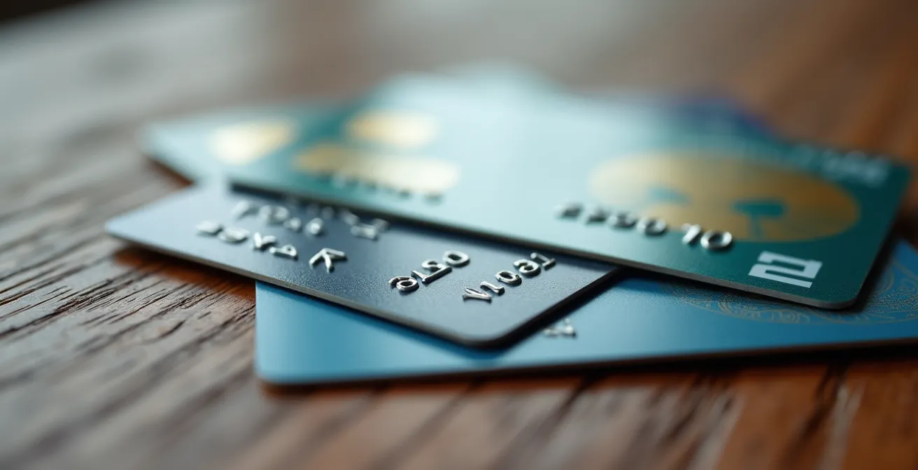 Multiple insurance cards overlapping on a wooden table surface