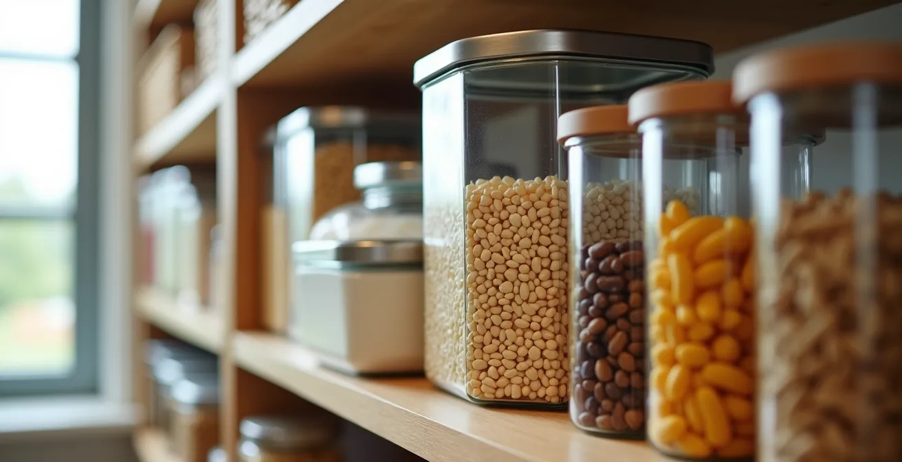 Organized pantry showing proper storage of bulk and single-serve items