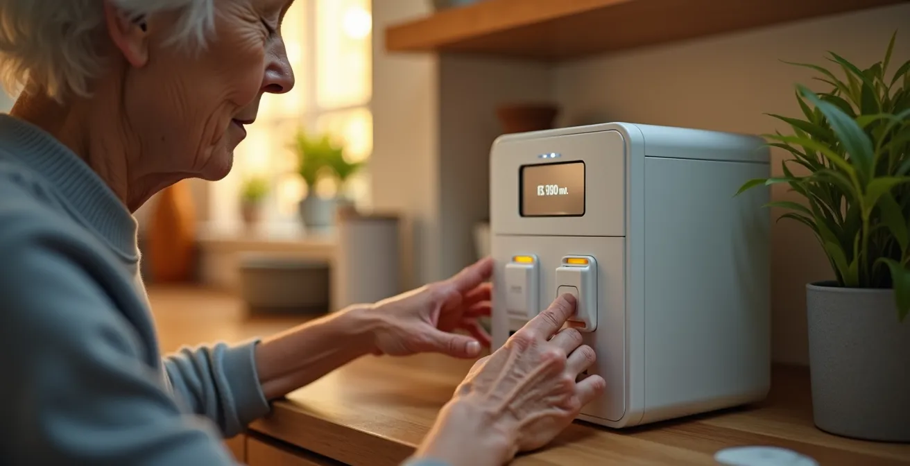 Elderly person with steady hands pressing a button on an automated medication dispenser in a bright morning kitchen setting