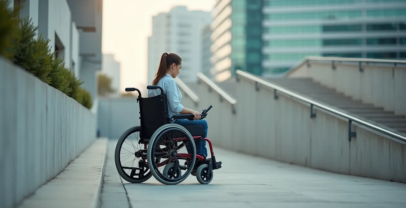 Wide angle view of power wheelchair user navigating steep concrete ramp in urban environment