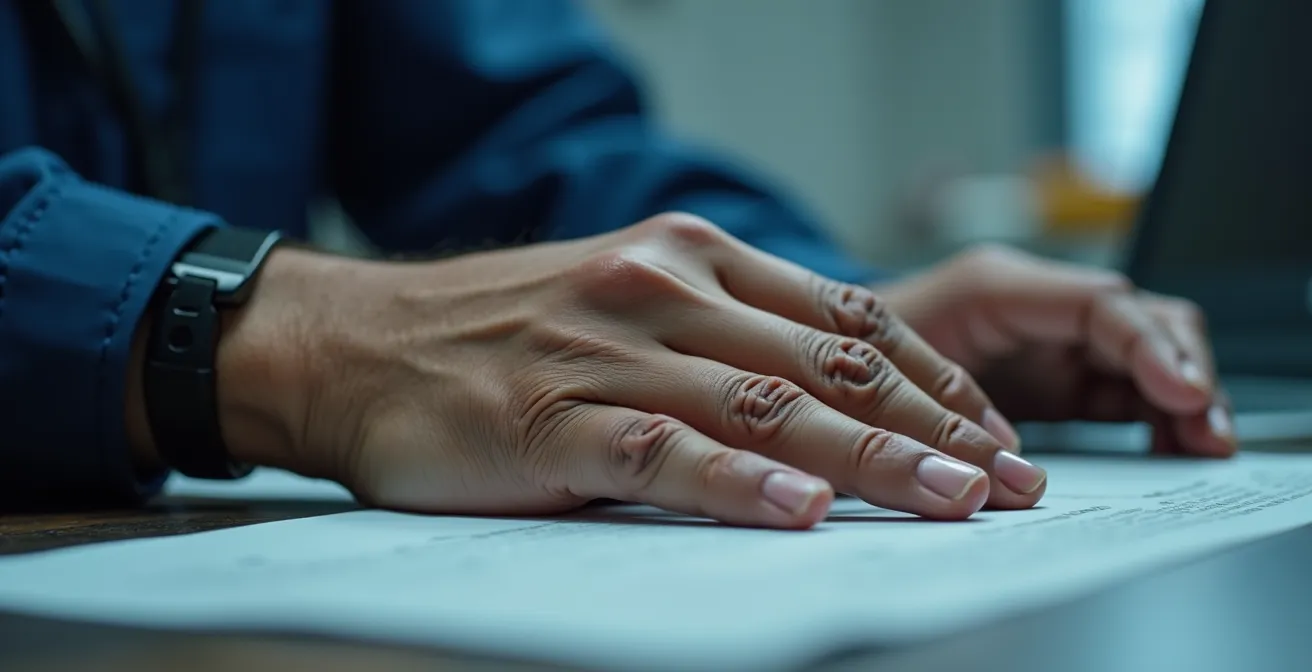 Close-up view of hands on emergency response console with blurred background