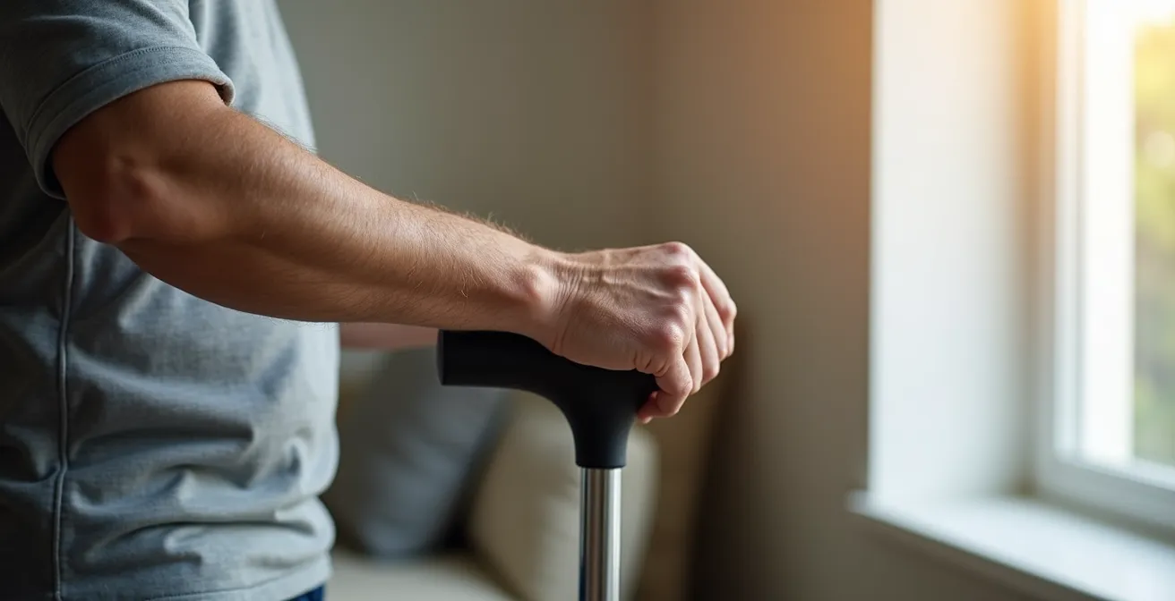 Person demonstrating correct cane handle height at wrist level with proper elbow bend