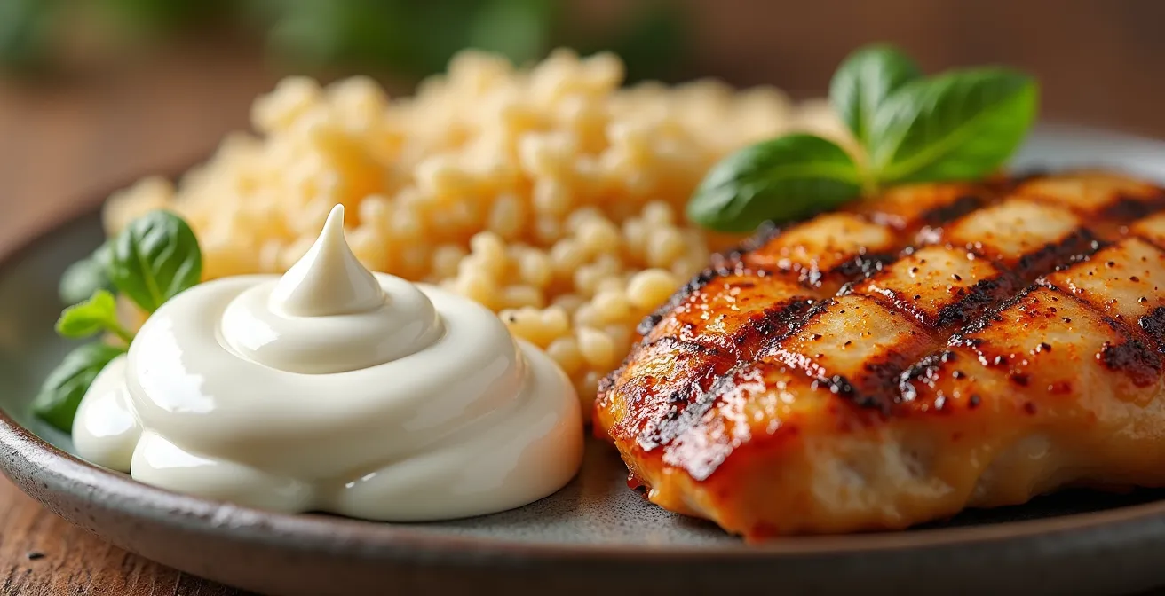 Close-up macro shot of various protein-rich foods arranged artistically showing textures and natural colors