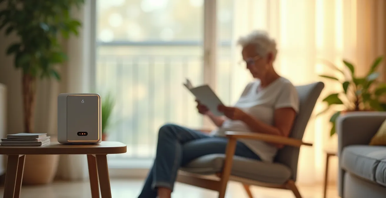 Wide shot of an elderly person's comfortable living room with a medication dispenser visible on a side table, showing their independence