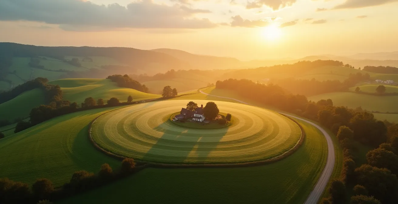 Wide aerial view of rural countryside with abstract circular zones overlaid on landscape